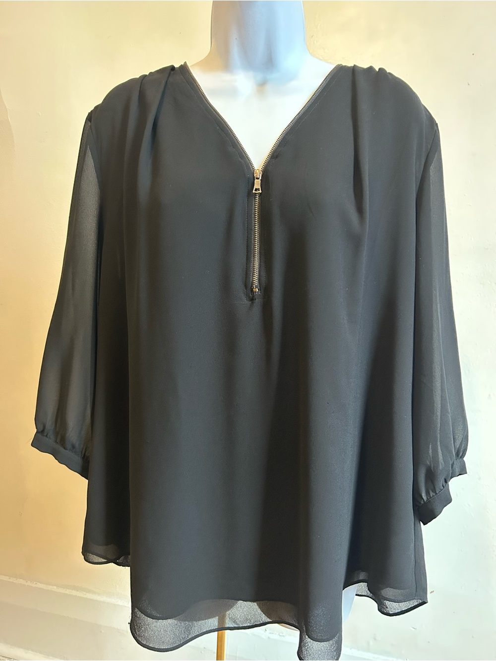 Naked Zebra Black V-Neck Chiffon Blouse with Gold Zip Front